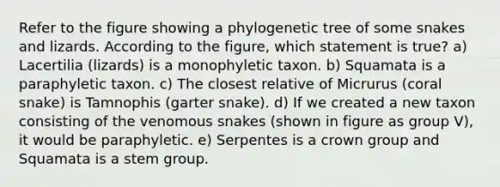 Refer to the figure showing a phylogenetic tree of some snakes and lizards. According to the figure, which statement is true? a) Lacertilia (lizards) is a monophyletic taxon. b) Squamata is a paraphyletic taxon. c) The closest relative of Micrurus (coral snake) is Tamnophis (garter snake). d) If we created a new taxon consisting of the venomous snakes (shown in figure as group V), it would be paraphyletic. e) Serpentes is a crown group and Squamata is a stem group.