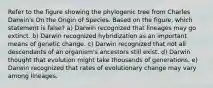 Refer to the figure showing the phylogenic tree from Charles Darwin's On the Origin of Species. Based on the figure, which statement is false? a) Darwin recognized that lineages may go extinct. b) Darwin recognized hybridization as an important means of genetic change. c) Darwin recognized that not all descendants of an organism's ancestors still exist. d) Darwin thought that evolution might take thousands of generations. e) Darwin recognized that rates of evolutionary change may vary among lineages.