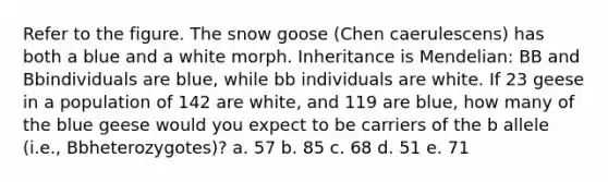 Refer to the figure. The snow goose (Chen caerulescens) has both a blue and a white morph. Inheritance is Mendelian: BB and Bbindividuals are blue, while bb individuals are white. If 23 geese in a population of 142 are white, and 119 are blue, how many of the blue geese would you expect to be carriers of the b allele (i.e., Bbheterozygotes)? a. 57 b. 85 c. 68 d. 51 e. 71