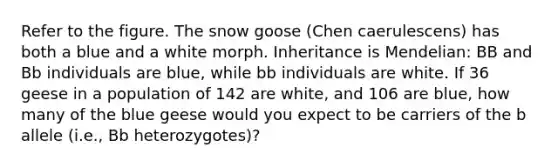 Refer to the figure. The snow goose (Chen caerulescens) has both a blue and a white morph. Inheritance is Mendelian: BB and Bb individuals are blue, while bb individuals are white. If 36 geese in a population of 142 are white, and 106 are blue, how many of the blue geese would you expect to be carriers of the b allele (i.e., Bb heterozygotes)?