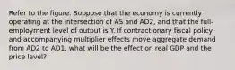 Refer to the figure. Suppose that the economy is currently operating at the intersection of AS and AD2, and that the full-employment level of output is Y. If contractionary fiscal policy and accompanying multiplier effects move aggregate demand from AD2 to AD1, what will be the effect on real GDP and the price level?