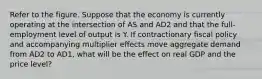 Refer to the figure. Suppose that the economy is currently operating at the intersection of AS and AD2 and that the full-employment level of output is Y. If contractionary fiscal policy and accompanying multiplier effects move aggregate demand from AD2 to AD1, what will be the effect on real GDP and the price level?