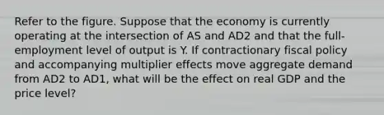 Refer to the figure. Suppose that the economy is currently operating at the intersection of AS and AD2 and that the full-employment level of output is Y. If contractionary fiscal policy and accompanying multiplier effects move aggregate demand from AD2 to AD1, what will be the effect on real GDP and the price level?