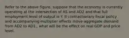 Refer to the above figure, suppose that the economy is currently operating at the intersection of AS and AD2 and that full employment level of output is Y. If contractionary fiscal policy and accompanying multiplier effects move aggregate demand from AD2 to AD1,, what will be the effect on real GDP and price level.