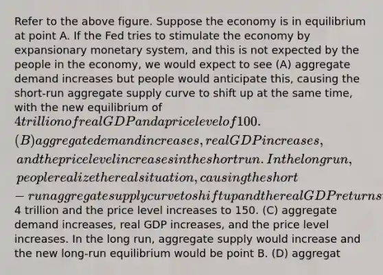 Refer to the above figure. Suppose the economy is in equilibrium at point A. If the Fed tries to stimulate the economy by expansionary monetary system, and this is not expected by the people in the economy, we would expect to see (A) aggregate demand increases but people would anticipate this, causing the short-run aggregate supply curve to shift up at the same time, with the new equilibrium of 4 trillion of real GDP and a price level of 100. (B) aggregate demand increases, real GDP increases, and the price level increases in the short run. In the long run, people realize the real situation, causing the short-run aggregate supply curve to shift up and the real GDP returns to4 trillion and the price level increases to 150. (C) aggregate demand increases, real GDP increases, and the price level increases. In the long run, aggregate supply would increase and the new long-run equilibrium would be point B. (D) aggregat