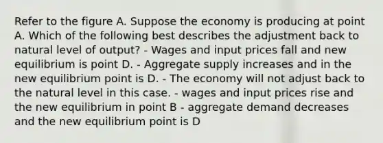 Refer to the figure A. Suppose the economy is producing at point A. Which of the following best describes the adjustment back to natural level of output? - Wages and input prices fall and new equilibrium is point D. - Aggregate supply increases and in the new equilibrium point is D. - The economy will not adjust back to the natural level in this case. - wages and input prices rise and the new equilibrium in point B - aggregate demand decreases and the new equilibrium point is D