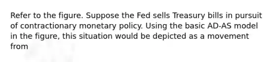 Refer to the figure. Suppose the Fed sells Treasury bills in pursuit of contractionary <a href='https://www.questionai.com/knowledge/kEE0G7Llsx-monetary-policy' class='anchor-knowledge'>monetary policy</a>. Using the basic AD-AS model in the​ figure, this situation would be depicted as a movement from