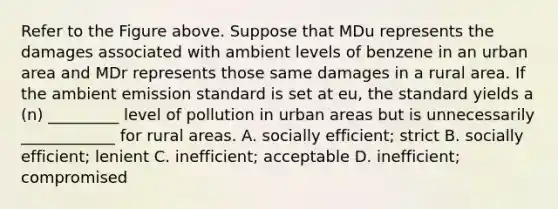 Refer to the Figure above. Suppose that MDu represents the damages associated with ambient levels of benzene in an urban area and MDr represents those same damages in a rural area. If the ambient emission standard is set at eu, the standard yields a (n) _________ level of pollution in urban areas but is unnecessarily ____________ for rural areas. A. socially efficient; strict B. socially efficient; lenient C. inefficient; acceptable D. inefficient; compromised