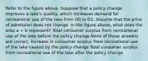 Refer to the figure above. Suppose that a policy change improves a lake's quality, which increases demand for recreational use of the lake from D0 to D1. Assume that the price of admission does not change. In the figure above, what does the area a + b represent? Total consumer surplus from recreational use of the lake before the policy change None of these answers are correct. Increase in consumer surplus from recreational use of the lake caused by the policy change Total consumer surplus from recreational use of the lake after the policy change