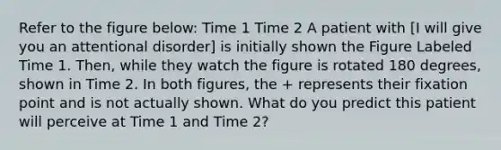 Refer to the figure below: Time 1 Time 2 A patient with [I will give you an attentional disorder] is initially shown the Figure Labeled Time 1. Then, while they watch the figure is rotated 180 degrees, shown in Time 2. In both figures, the + represents their fixation point and is not actually shown. What do you predict this patient will perceive at Time 1 and Time 2?