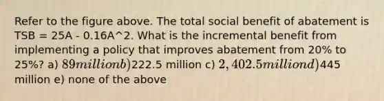 Refer to the figure above. The total social benefit of abatement is TSB = 25A - 0.16A^2. What is the incremental benefit from implementing a policy that improves abatement from 20% to 25%? a) 89 million b)222.5 million c) 2,402.5 million d)445 million e) none of the above