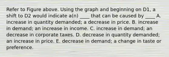 Refer to Figure above. Using the graph and beginning on D1, a shift to D2 would indicate a(n) ____ that can be caused by ____ A. increase in quantity demanded; a decrease in price. B. increase in demand; an increase in income. C. increase in demand; an decrease in corporate taxes. D. decrease in quantity demanded; an increase in price. E. decrease in demand; a change in taste or preference.