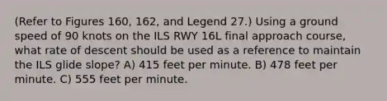 (Refer to Figures 160, 162, and Legend 27.) Using a ground speed of 90 knots on the ILS RWY 16L final approach course, what rate of descent should be used as a reference to maintain the ILS glide slope? A) 415 feet per minute. B) 478 feet per minute. C) 555 feet per minute.