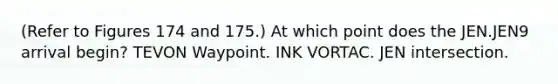 (Refer to Figures 174 and 175.) At which point does the JEN.JEN9 arrival begin? TEVON Waypoint. INK VORTAC. JEN intersection.