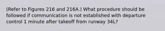 (Refer to Figures 216 and 216A.) What procedure should be followed if communication is not established with departure control 1 minute after takeoff from runway 34L?