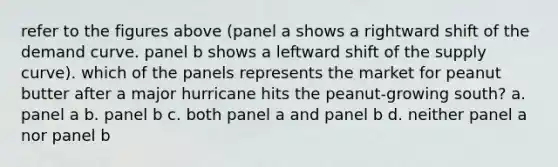 refer to the figures above (panel a shows a rightward shift of the demand curve. panel b shows a leftward shift of the supply curve). which of the panels represents the market for peanut butter after a major hurricane hits the peanut-growing south? a. panel a b. panel b c. both panel a and panel b d. neither panel a nor panel b