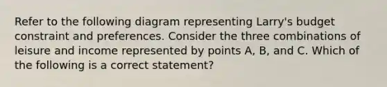 Refer to the following diagram representing Larry's budget constraint and preferences. Consider the three combinations of leisure and income represented by points A, B, and C. Which of the following is a correct statement?