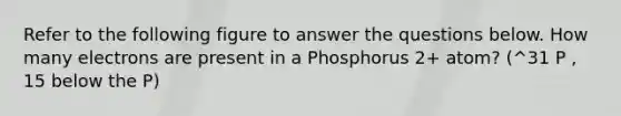 Refer to the following figure to answer the questions below. How many electrons are present in a Phosphorus 2+ atom? (^31 P , 15 below the P)