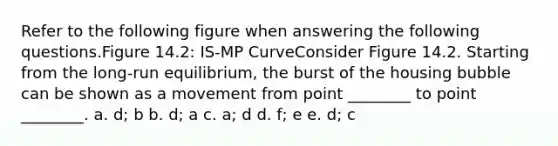 Refer to the following figure when answering the following questions.Figure 14.2: IS-MP CurveConsider Figure 14.2. Starting from the long-run equilibrium, the burst of the housing bubble can be shown as a movement from point ________ to point ________. a. d; b b. d; a c. a; d d. f; e e. d; c