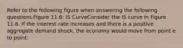 Refer to the following figure when answering the following questions.Figure 11.6: IS CurveConsider the IS curve in Figure 11.6. If the interest rate increases and there is a positive aggregate demand shock, the economy would move from point e to point: