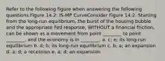 Refer to the following figure when answering the following questions.Figure 14.2: IS-MP CurveConsider Figure 14.2. Starting from the long-run equilibrium, the burst of the housing bubble and the appropriate Fed response, WITHOUT a financial friction, can be shown as a movement from point ________ to point ________, and the economy is in ________. a. c; e; its long-run equilibrium b. d; b; its long-run equilibrium c. b; a; an expansion d. a; d; a recession e. a; d; an expansion