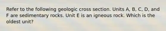 Refer to the following geologic cross section. Units A, B, C, D, and F are sedimentary rocks. Unit E is an igneous rock. Which is the oldest unit?