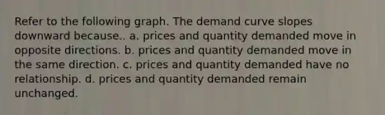 Refer to the following graph. The demand curve slopes downward because.. a. prices and quantity demanded move in opposite directions. b. prices and quantity demanded move in the same direction. c. prices and quantity demanded have no relationship. d. prices and quantity demanded remain unchanged.