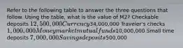 Refer to the following table to answer the three questions that follow. Using the table, what is the value of M2? Checkable deposits 12,500,000 Currency34,000,000 Traveler's checks 1,000,000 Money market mutual funds10,000,000 Small time deposits 7,000,000 Savings deposits500,000