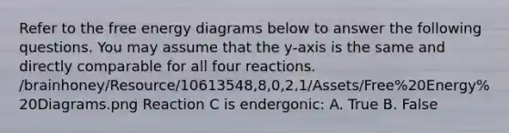 Refer to the free energy diagrams below to answer the following questions. You may assume that the y-axis is the same and directly comparable for all four reactions. /brainhoney/Resource/10613548,8,0,2,1/Assets/Free%20Energy%20Diagrams.png Reaction C is endergonic: A. True B. False