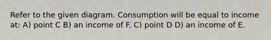 Refer to the given diagram. Consumption will be equal to income at: A) point C B) an income of F. C) point D D) an income of E.