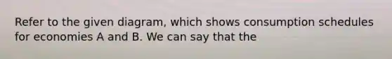 Refer to the given diagram, which shows consumption schedules for economies A and B. We can say that the