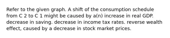 Refer to the given graph. A shift of the consumption schedule from C 2 to C 1 might be caused by a(n) increase in real GDP. decrease in saving. decrease in income tax rates. reverse wealth effect, caused by a decrease in stock market prices.