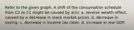 Refer to the given graph. A shift of the consumption schedule from C2 to C1 might be caused by a(n): a. reverse wealth effect, caused by a decrease in stock market prices. b. decrease in saving. c. decrease in income tax rates. d. increase in real GDP.