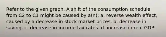 Refer to the given graph. A shift of the consumption schedule from C2 to C1 might be caused by a(n): a. reverse wealth effect, caused by a decrease in stock market prices. b. decrease in saving. c. decrease in income tax rates. d. increase in real GDP.