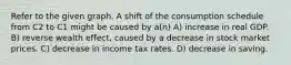 Refer to the given graph. A shift of the consumption schedule from C2 to C1 might be caused by a(n) A) increase in real GDP. B) reverse wealth effect, caused by a decrease in stock market prices. C) decrease in income tax rates. D) decrease in saving.