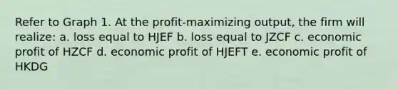 Refer to Graph 1. At the profit-maximizing output, the firm will realize: a. loss equal to HJEF b. loss equal to JZCF c. economic profit of HZCF d. economic profit of HJEFT e. economic profit of HKDG