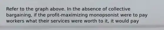 Refer to the graph above. In the absence of collective bargaining, if the profit-maximizing monopsonist were to pay workers what their services were worth to it, it would pay