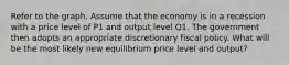 Refer to the graph. Assume that the economy is in a recession with a price level of P1 and output level Q1. The government then adopts an appropriate discretionary fiscal policy. What will be the most likely new equilibrium price level and output?