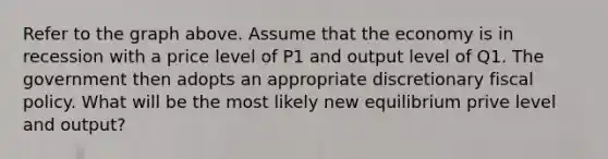 Refer to the graph above. Assume that the economy is in recession with a price level of P1 and output level of Q1. The government then adopts an appropriate discretionary fiscal policy. What will be the most likely new equilibrium prive level and output?