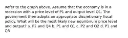 Refer to the graph above. Assume that the economy is in a recession with a price level of P1 and output level Q1. The government then adopts an appropriate discretionary fiscal policy. What will be the most likely new equilibrium price level and output? a. P2 and Q4 b. P1 and Q1 c. P2 and Q2 d. P1 and Q3