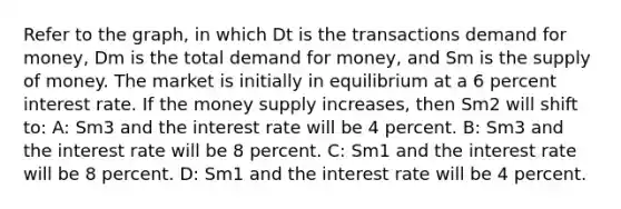 Refer to the graph, in which Dt is the transactions demand for money, Dm is the total demand for money, and Sm is the <a href='https://www.questionai.com/knowledge/kUIOOoB75i-supply-of-money' class='anchor-knowledge'>supply of money</a>. The market is initially in equilibrium at a 6 percent interest rate. If the money supply increases, then Sm2 will shift to: A: Sm3 and the interest rate will be 4 percent. B: Sm3 and the interest rate will be 8 percent. C: Sm1 and the interest rate will be 8 percent. D: Sm1 and the interest rate will be 4 percent.