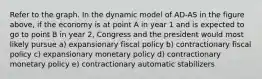 Refer to the graph. In the dynamic model of AD-AS in the figure above, if the economy is at point A in year 1 and is expected to go to point B in year 2, Congress and the president would most likely pursue a) expansionary fiscal policy b) contractionary fiscal policy c) expansionary monetary policy d) contractionary monetary policy e) contractionary automatic stabilizers