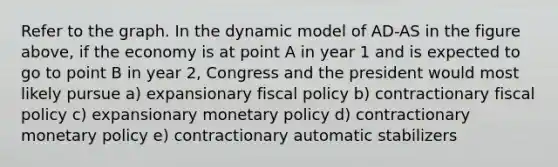 Refer to the graph. In the dynamic model of AD-AS in the figure above, if the economy is at point A in year 1 and is expected to go to point B in year 2, Congress and the president would most likely pursue a) expansionary fiscal policy b) contractionary fiscal policy c) expansionary monetary policy d) contractionary monetary policy e) contractionary automatic stabilizers