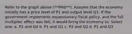 Refer to the graph above (**IPAD**). Assume that the economy initially has a price level of P1 and output level Q1. If the government implements expansionary fiscal policy, and the full multiplier effect was felt, it would bring the economy to: Select one: a. P2 and Q4 b. P1 and Q1 c. P2 and Q2 d. P1 and Q3