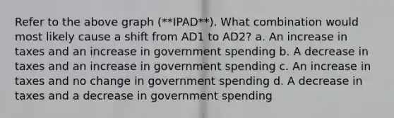 Refer to the above graph (**IPAD**). What combination would most likely cause a shift from AD1 to AD2? a. An increase in taxes and an increase in government spending b. A decrease in taxes and an increase in government spending c. An increase in taxes and no change in government spending d. A decrease in taxes and a decrease in government spending