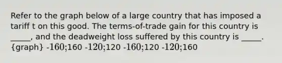 Refer to the graph below of a large country that has imposed a tariff t on this good. The terms-of-trade gain for this country is _____, and the deadweight loss suffered by this country is _____. (graph) -160;160 -120;120 -160;120 -120;160