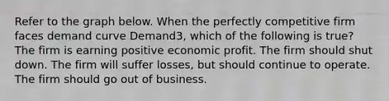 Refer to the graph below. When the perfectly competitive firm faces demand curve Demand3, which of the following is true? The firm is earning positive economic profit. The firm should shut down. The firm will suffer losses, but should continue to operate. The firm should go out of business.