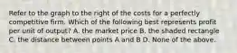 Refer to the graph to the right of the costs for a perfectly competitive firm. Which of the following best represents profit per unit of​ output? A. the market price B. the shaded rectangle C. the distance between points A and B D. None of the above.