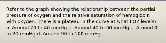 Refer to the graph showing the relationship between the partial pressure of oxygen and the relative saturation of hemoglobin with oxygen. There is a plateau in the curve at what PO2 levels? a. Around 20 to 40 mmHg b. Around 40 to 60 mmHg c. Around 0 to 20 mmHg d. Around 90 to 100 mmHg