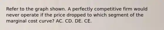 Refer to the graph shown. A perfectly competitive firm would never operate if the price dropped to which segment of the marginal cost curve? AC. CD. DE. CE.